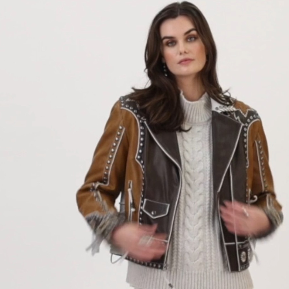 Double D Ranch Leather fringe Jacket studded bucking horse cowgirl RTL $1395 NWT - Picture 2 of 15